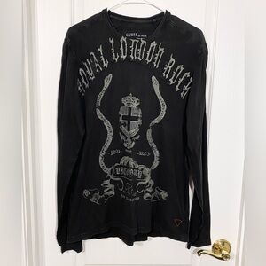 Y2K Guess ‘Royal London Rock’ Graphic Textured Knit Long Sleeve Tee Black Mens L